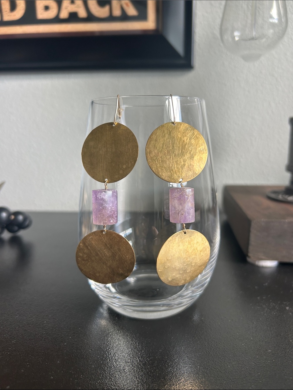 NEW! Brass and Lavendar Stone Drop Earrings
